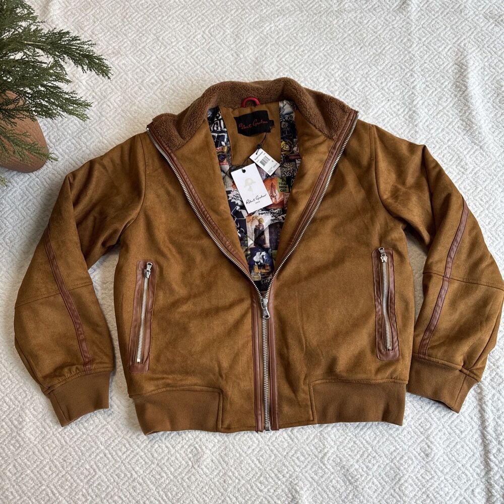 Robert Graham Mens Small Tan Vegan Suede Faux Fur Collar Bomber Lined Jacket